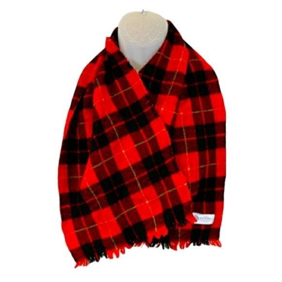 Red Tartan Plaid Vintage Wool Scarf - Picture 1 of 8